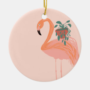 Tropical Flamingo with Potted Plant Hand Drawn Ceramic Tree Decoration
