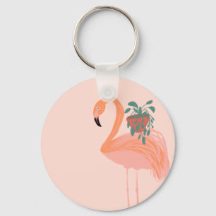 Tropical Flamingo with Potted Plant Hand Drawn    Key Ring