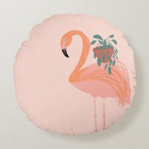 Tropical Flamingo with Potted Plant Hand Drawn    Round Cushion