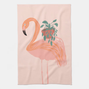 Tropical Flamingo with Potted Plant Hand Drawn    Tea Towel
