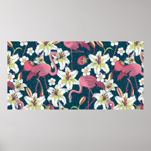 Tropical Flamingoes and Lilies Seamless Pattern Poster