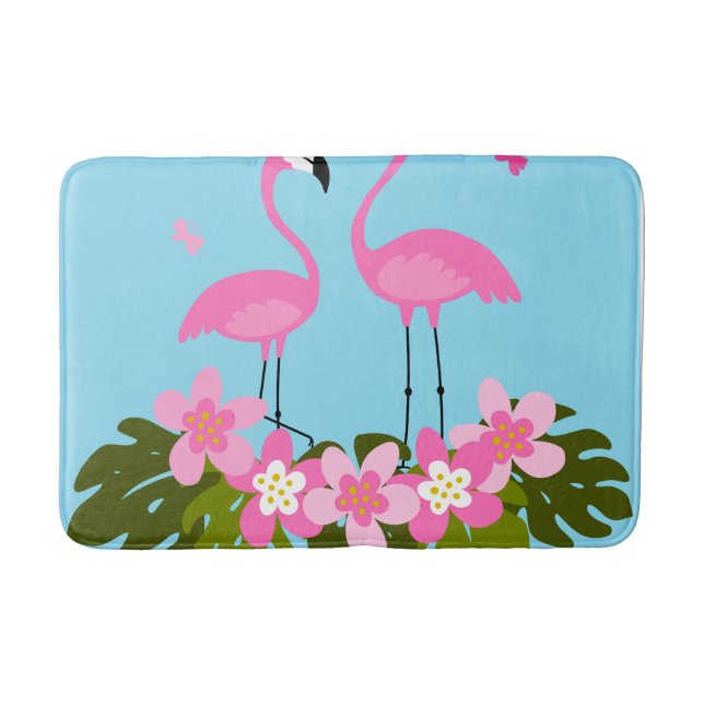 Tropical Flamingos and Floral Illustration Bath Mat (Front)