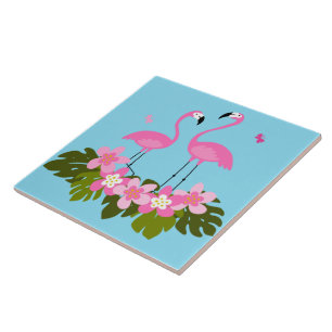 Tropical Flamingos and Floral Illustration Tile