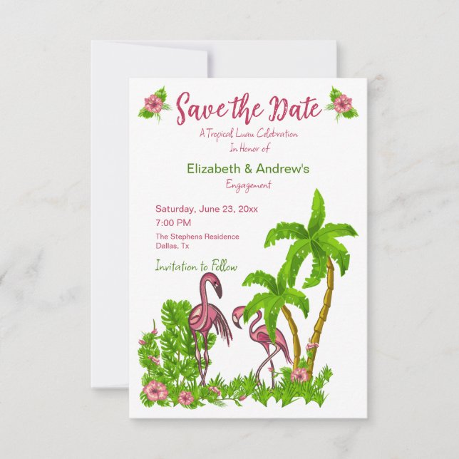 Tropical Flamingos and Flowers Save The Date Invit Invitation (Front)