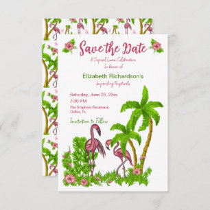 Tropical Flamingos and Flowers Save The Date Invitation