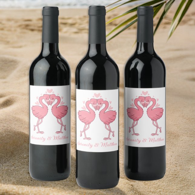Tropical Flamingos Beach Cute Pink Summer Wedding Wine Label (Creator Uploaded)