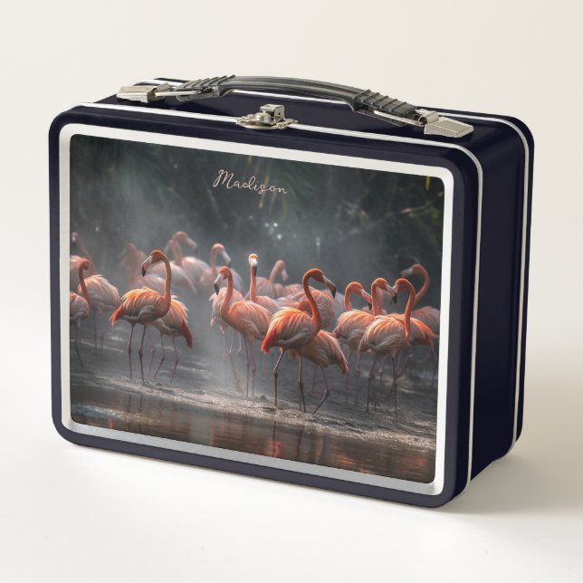 Tropical Flamingos custom name Metal Lunch Box (Front)