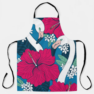 Tropical Flamingos: Hibiscus Plumeria Background. Apron