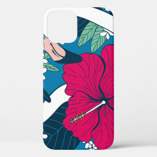Tropical Flamingos: Hibiscus Plumeria Background. iPhone 12 Case