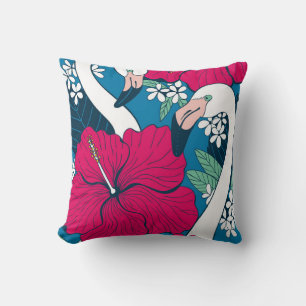 Tropical Flamingos: Hibiscus Plumeria Background. Cushion