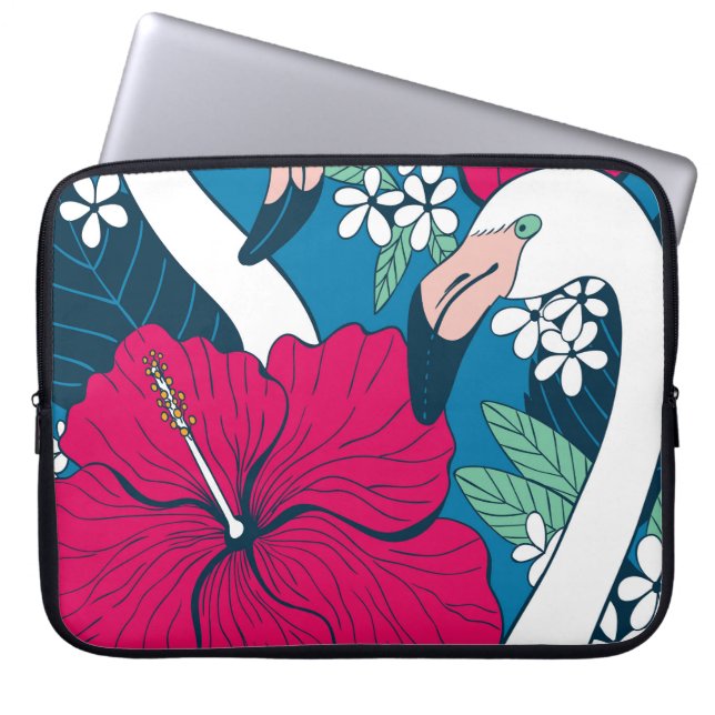 Tropical Flamingos: Hibiscus Plumeria Background. Laptop Sleeve (Front)