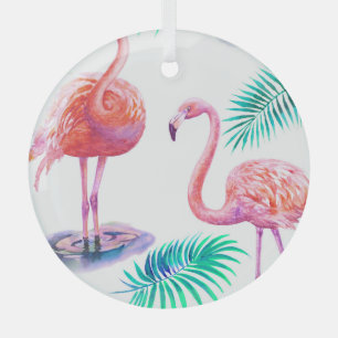 Tropical Flamingos: Orchids Watercolor Seamless. Glass Tree Decoration