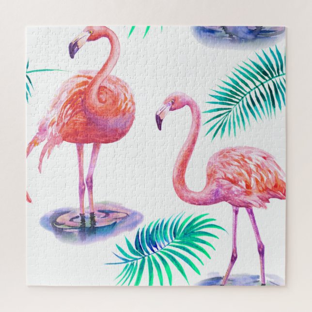 Tropical Flamingos: Orchids Watercolor Seamless. Jigsaw Puzzle (Vertical)