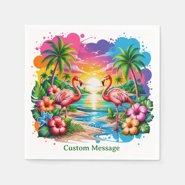 Tropical Flamingos Paradise Sunset Personalised Napkin (Front)
