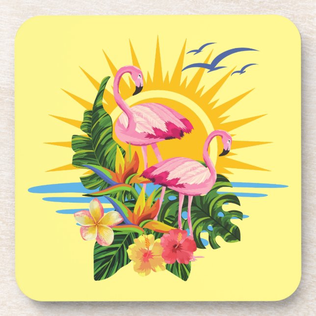 Tropical Flamingos Sunshine and Flowers Coaster (Front)