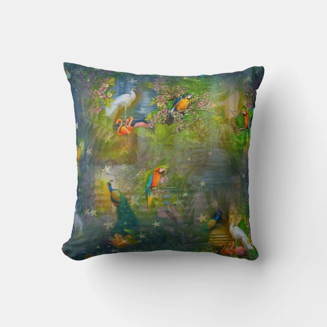 Tropical Flora Paradise & Parrots Cushion (Front)