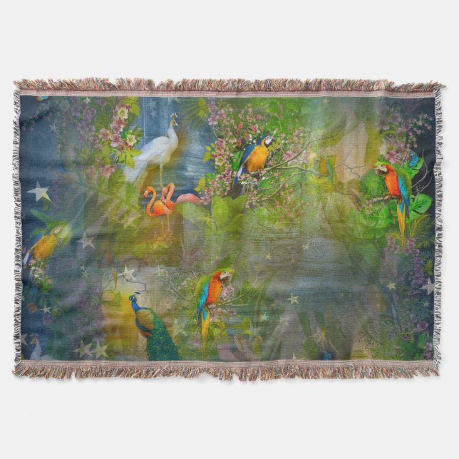 Tropical Flora Paradise & Parrots Throw Blanket (Front)