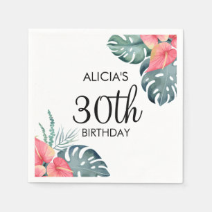 Tropical Flora Pink Anthurium & Monstera Birthday Napkin