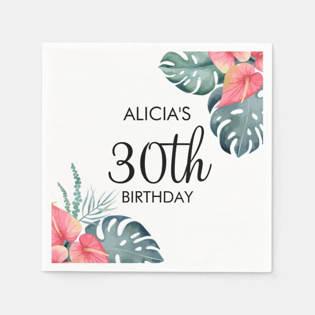 Tropical Flora Pink Anthurium & Monstera Birthday Napkin (Front)