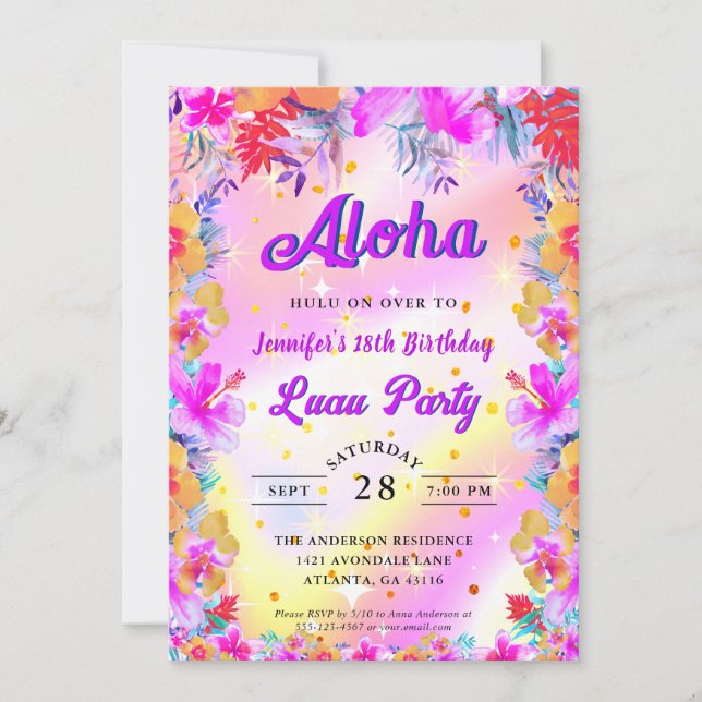 Tropical Floral Aloha Luau Birthday Invitation (Front)