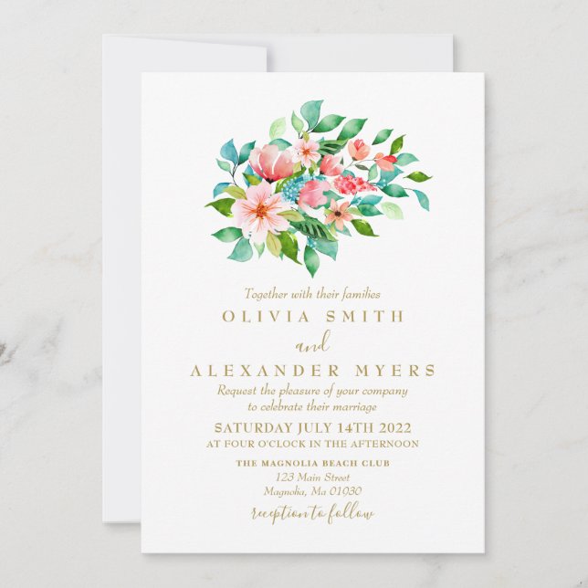 Tropical Floral and Gold wedding Invitation (Front)
