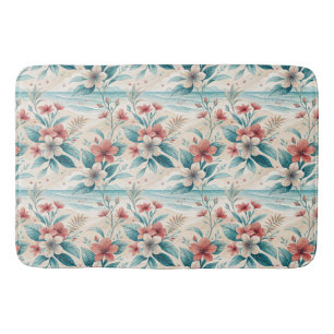 Tropical Floral Aqua Coral Coastal Elegance Design Bath Mat