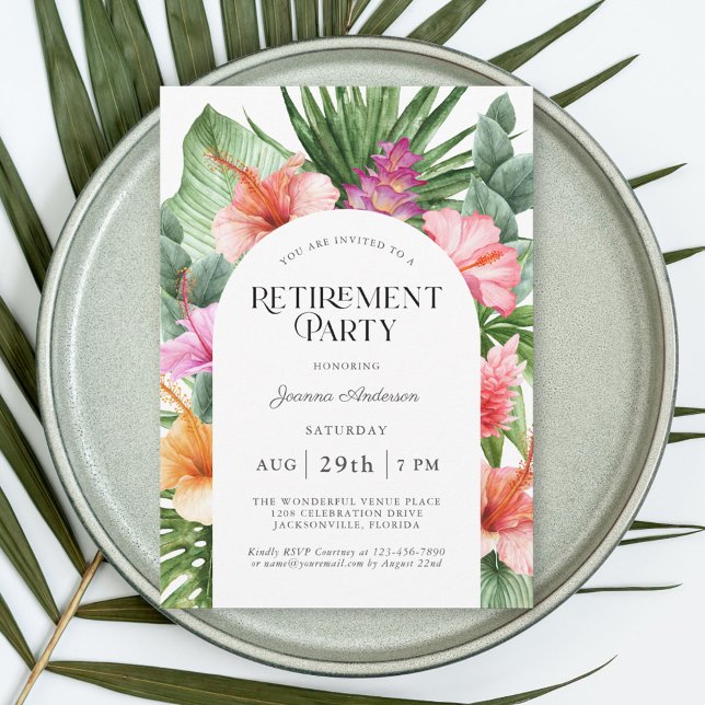Tropical Floral Arch Frame Retirement Party Invitation (Available as printed and paperless digital download!)