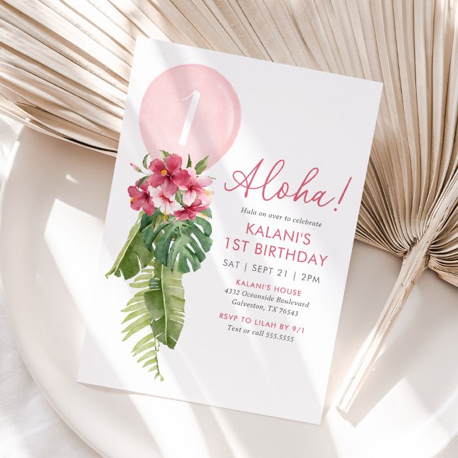 Tropical Floral Balloon Luau 1st Birthday Invitation (Creator Uploaded)