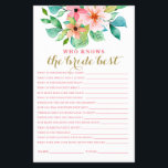 Tropical floral beach bridal shower Game Flyer<br><div class="desc">Who knows the Bride best Bridal shower game. Tropical floral beach design.</div>
