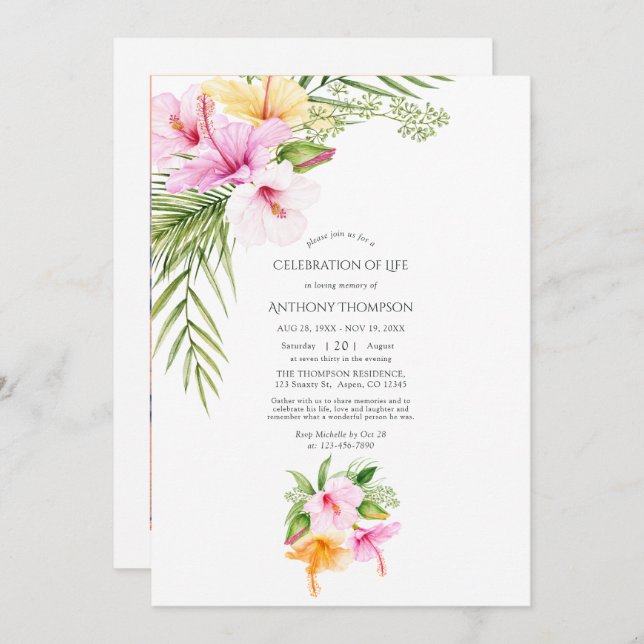 Tropical Floral Beach Celebration of Life Invitation (Front/Back)