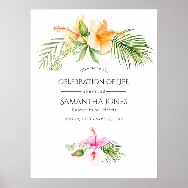 Tropical Floral Beach Celebration of Life Welcome Poster (Front)
