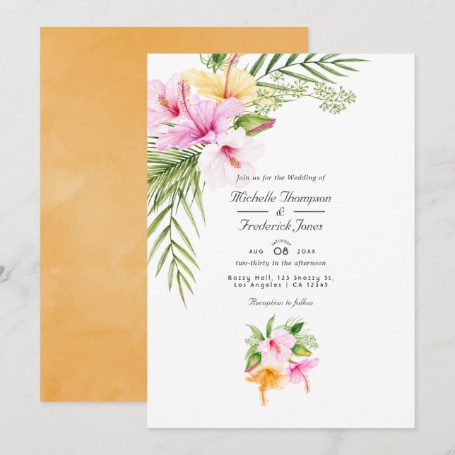 Tropical Floral Beach  QR Code RSVP Wedding  Invitation (Front/Back)