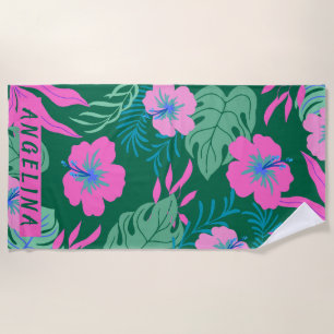 Tropical Floral Beach Vacations Custom Name Beach Towel