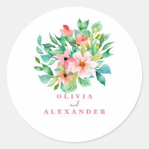 Tropical floral beach wedding classic round sticker