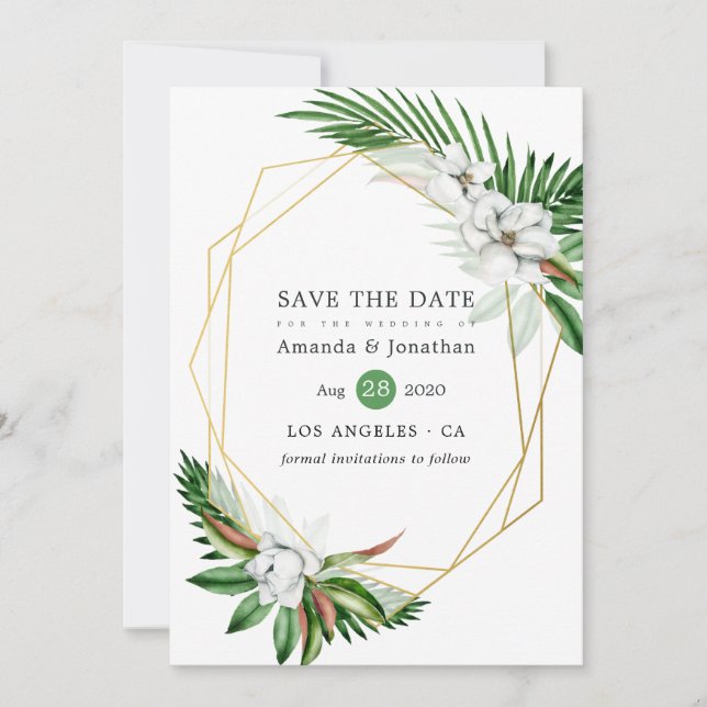 Tropical Floral Beach Wedding Geometric Save The Date (Front)