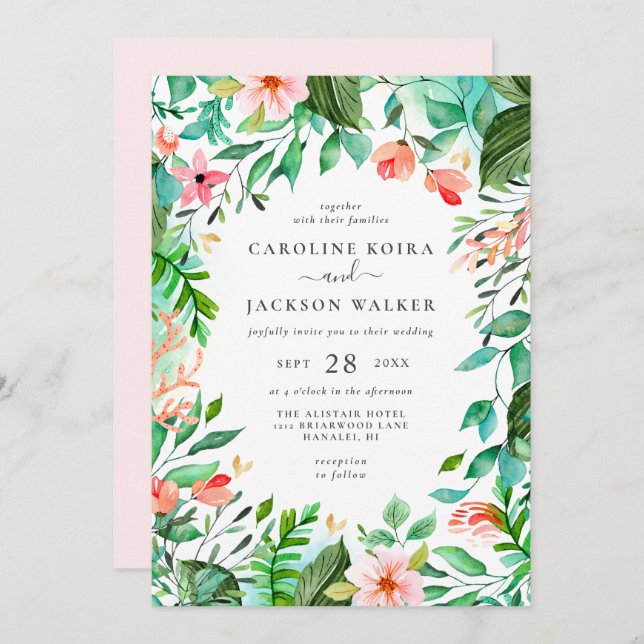 Tropical Floral Beach Wedding Invitation (Front/Back)