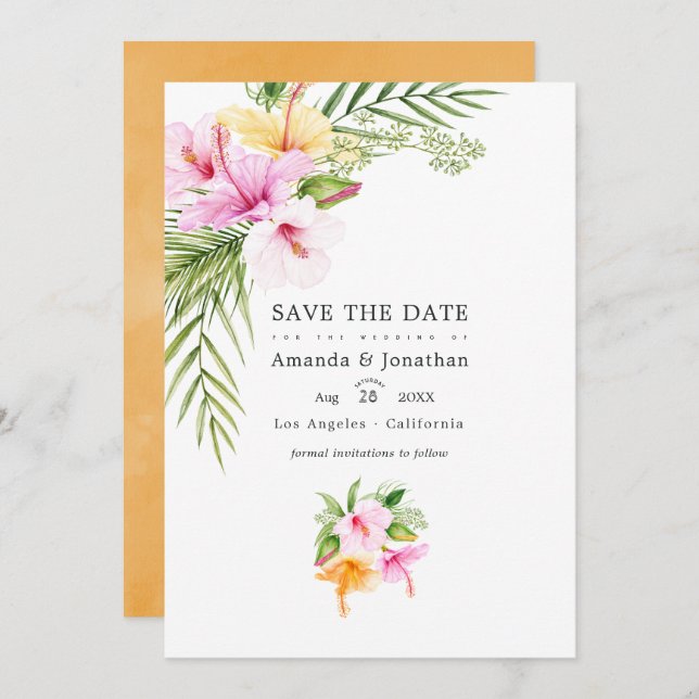 Tropical Floral Beach Wedding Photo Save The Date (Front/Back)