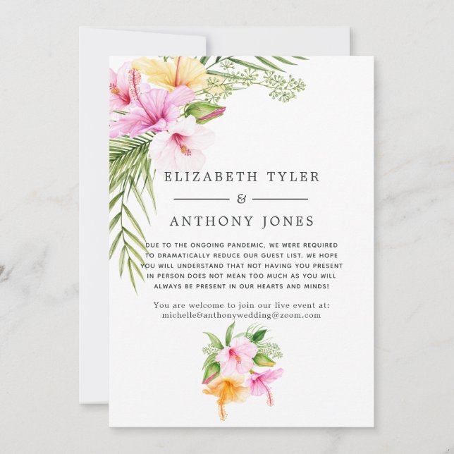 Tropical Floral Beach Wedding Reduced Guest List Announcement (Front)