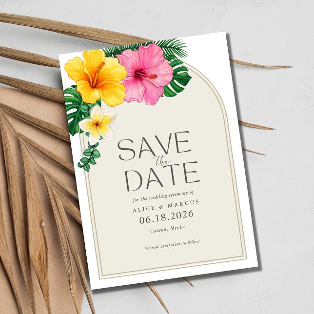 Tropical Floral Beach Wedding Save The Date Announcement Postcard (Tropical Floral Beach Wedding Save the Date Postcard)