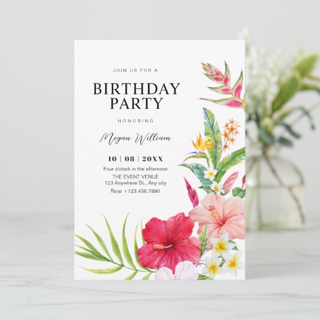 Tropical floral birthday invitation (Standing Front)