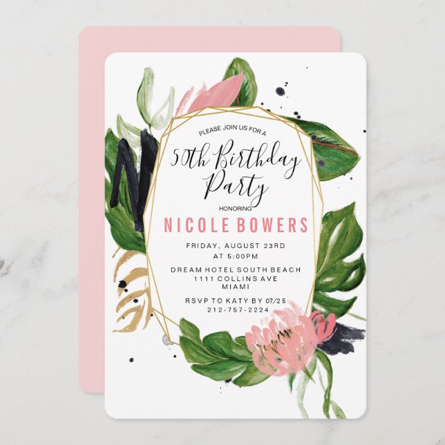 Tropical Floral Birthday Party Invitation (Front/Back)