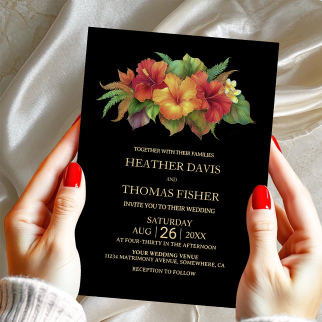 Tropical Floral Black Wedding Invitation (Creator Uploaded)