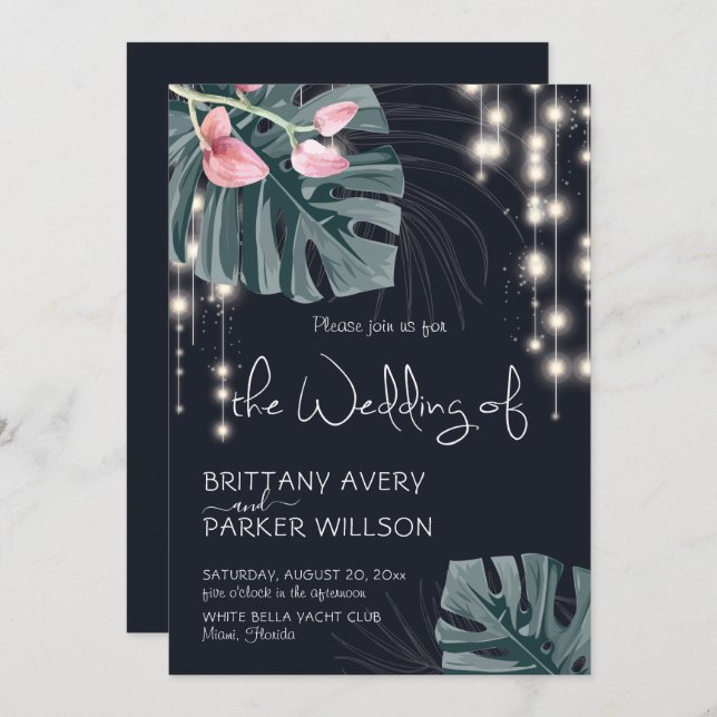 Tropical Floral Blue Wedding Invitation (Front/Back)
