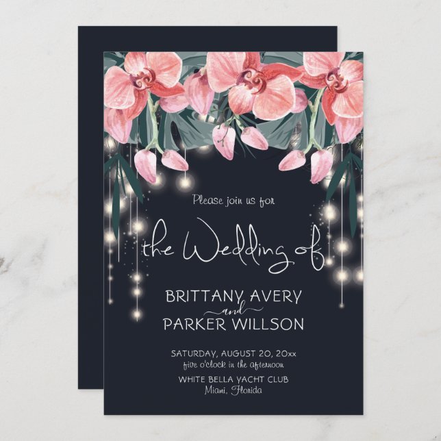 Tropical Floral Blue Wedding Invitation (Front/Back)