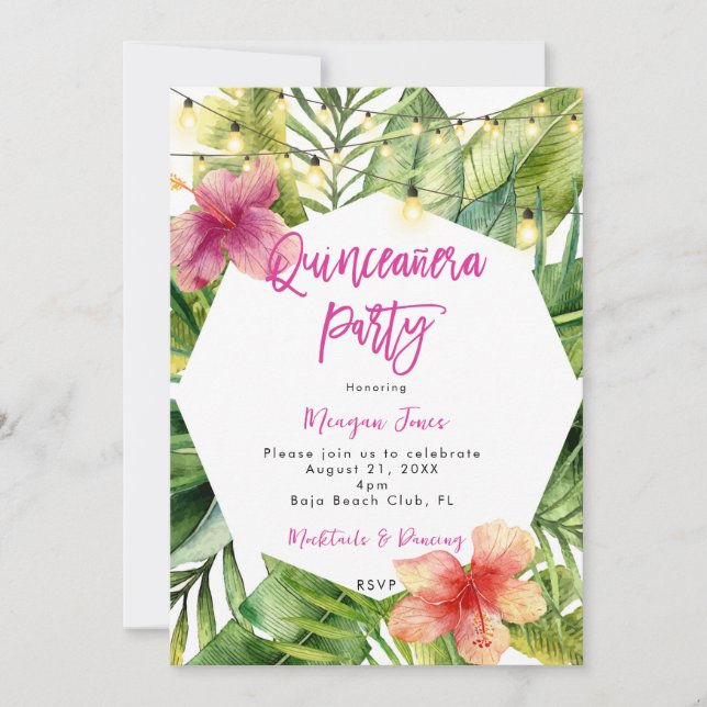 tropical floral boho quinceanera party invitation (Front)