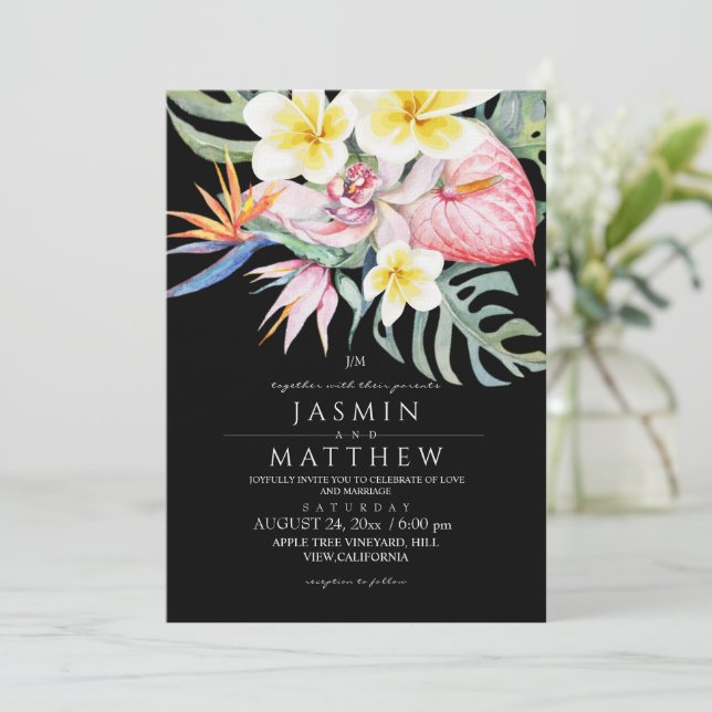 Tropical Floral Botanical Black Wedding  Invitation (Standing Front)