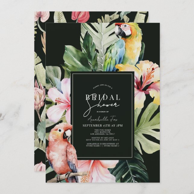 Tropical Floral & Botanical Parrot Bridal Shower Invitation (Front/Back)