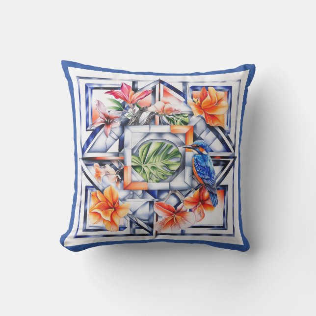 Tropical Floral, Botanical with Bird Cushion (Front)