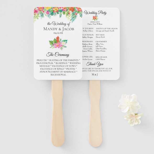 Tropical Floral Bouquet Wedding Program Hand Fan (Front and Back)