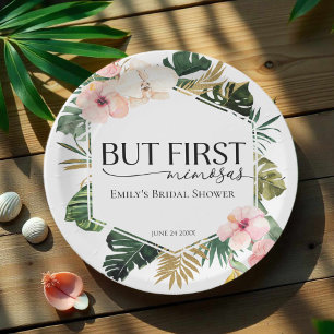 Tropical Floral But First Mimosas Bridal Shower Paper Plate